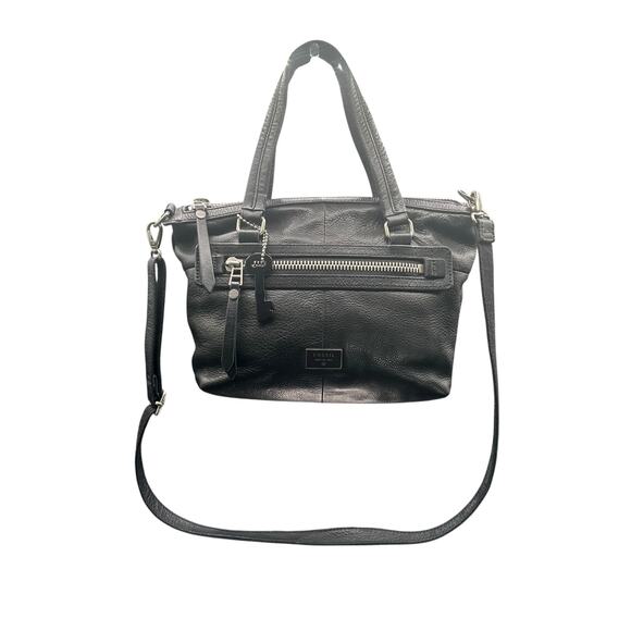 Fossil Black Pebbled Leather Satchel Crossbody Bag Silver Hardware Key Charm - Picture 1 of 14